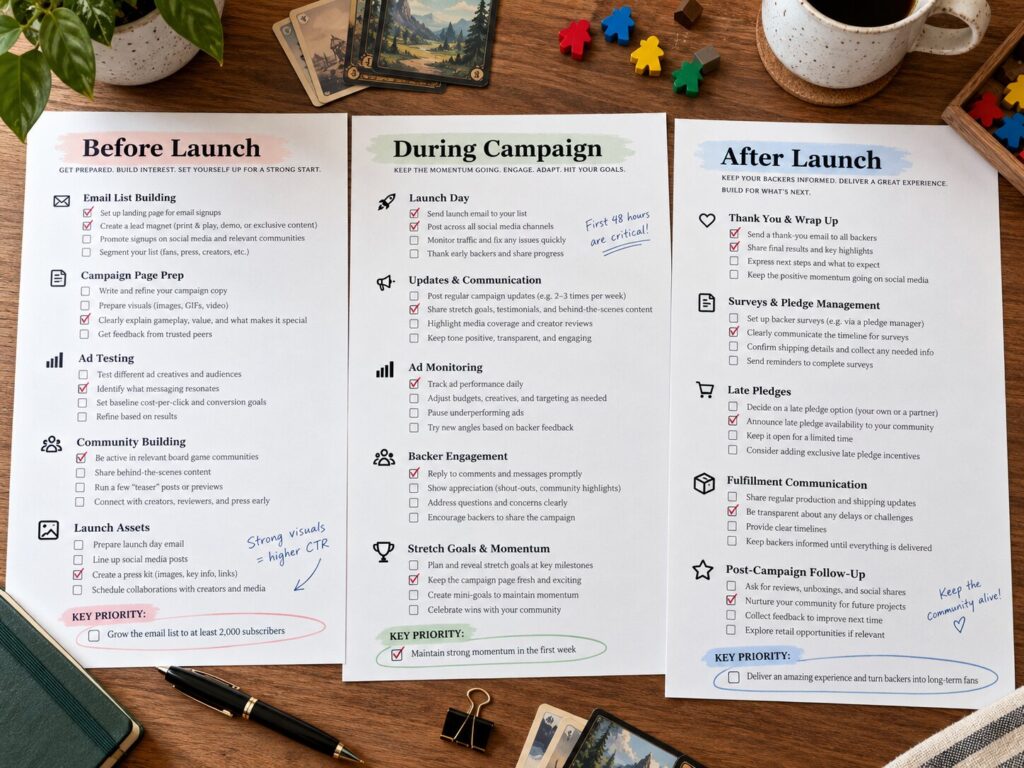 3 checklists for board game campaign planning on a table