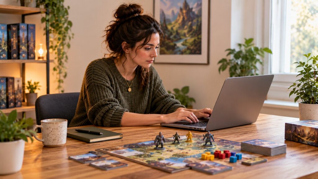 A woman is sitting at a table working on her Kickstarter marketing plan on her laptop with her board game on the table next to the laptop.